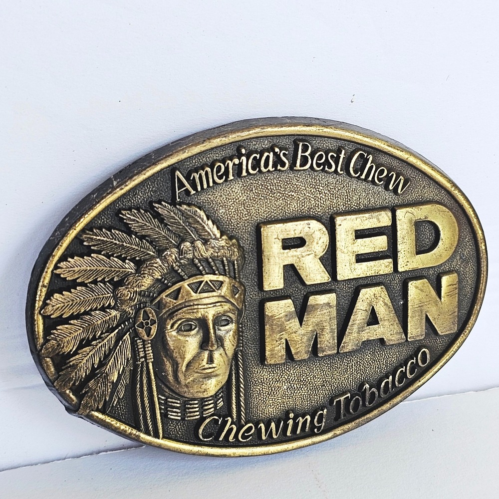 1988 Red Man Chewing Tobacco Belt Buckle Oval Brass Tone Western Americana Vtg